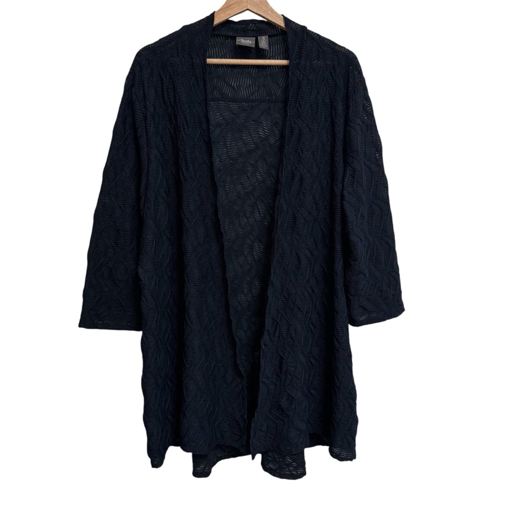 Chico’s Travelers Textured Semi-Sheer Cardigan Women XL Longline Open Front Navy